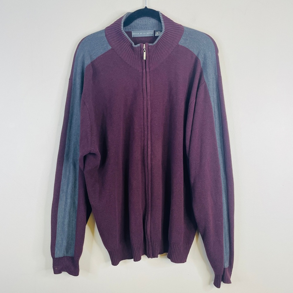 Oscar De La Renta Preppy Cardigan Sweater Men 2XL Burgundy Zip Up Mock Neck Golf
